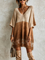 Brown Colorblock Lace Hem Knit Mini Dress