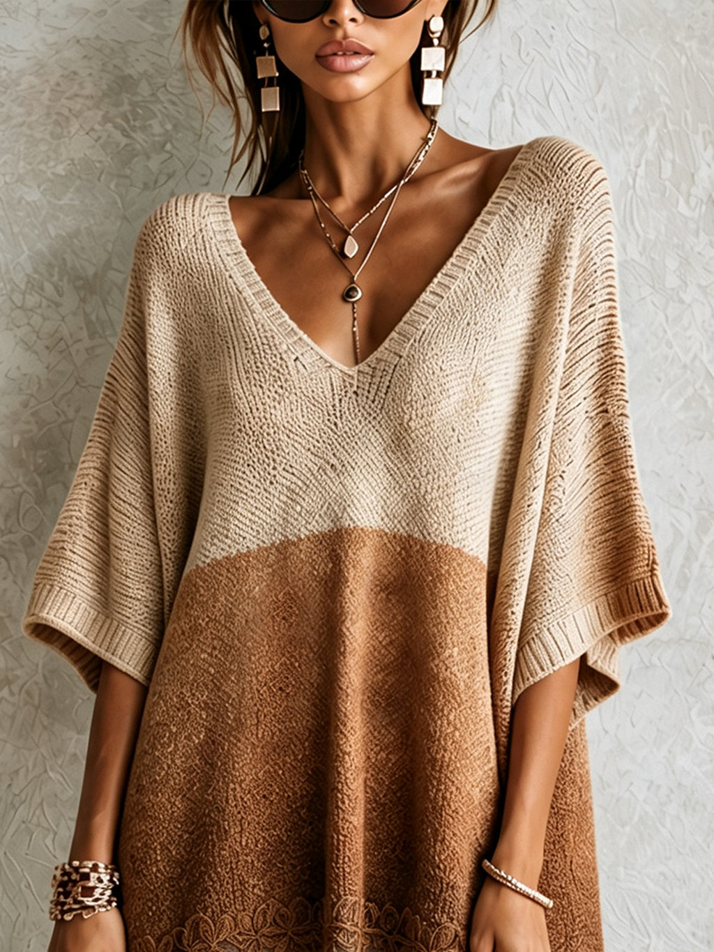 Brown Colorblock Lace Hem Knit Mini Dress