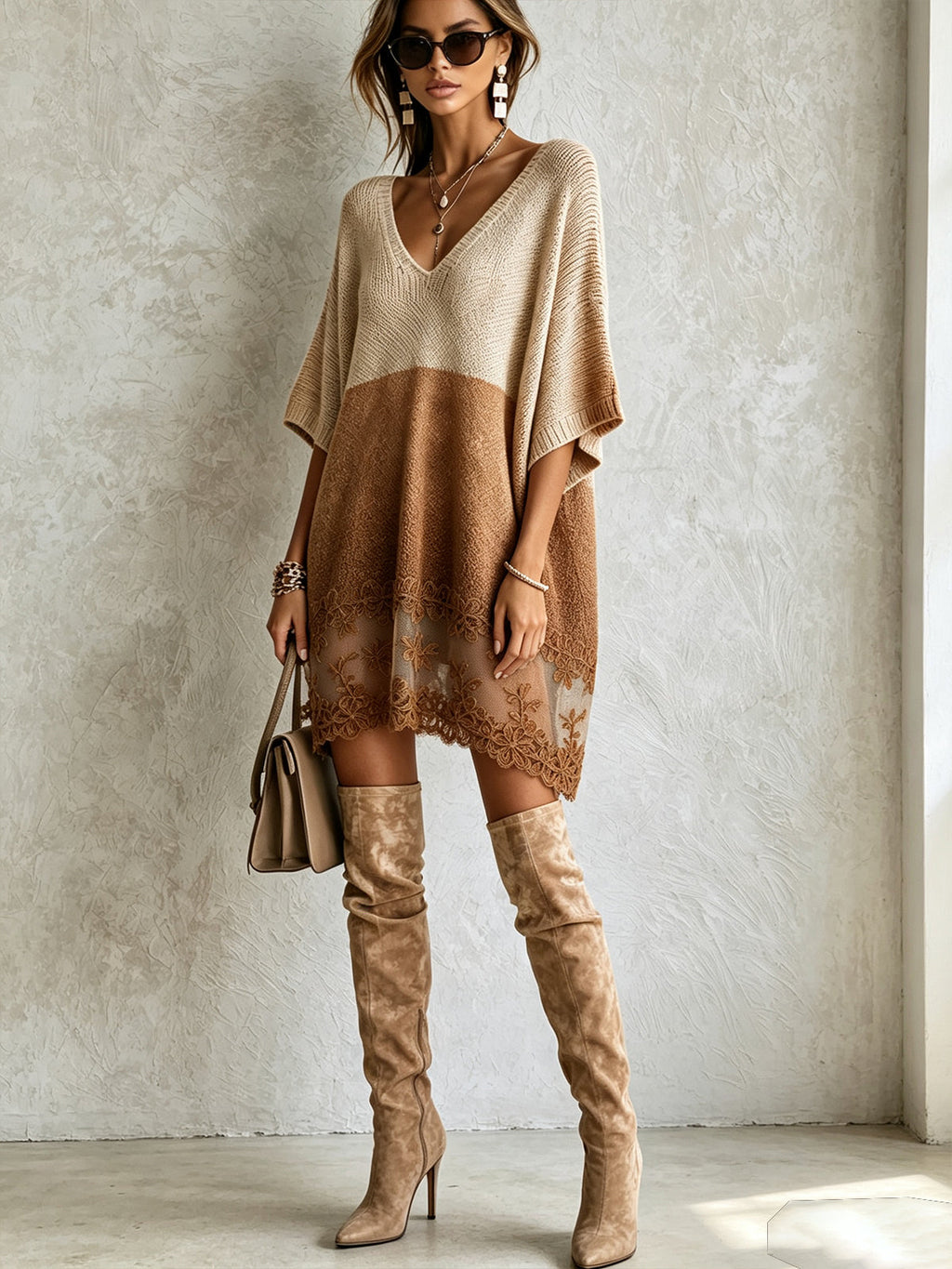 Brown Colorblock Lace Hem Knit Mini Dress