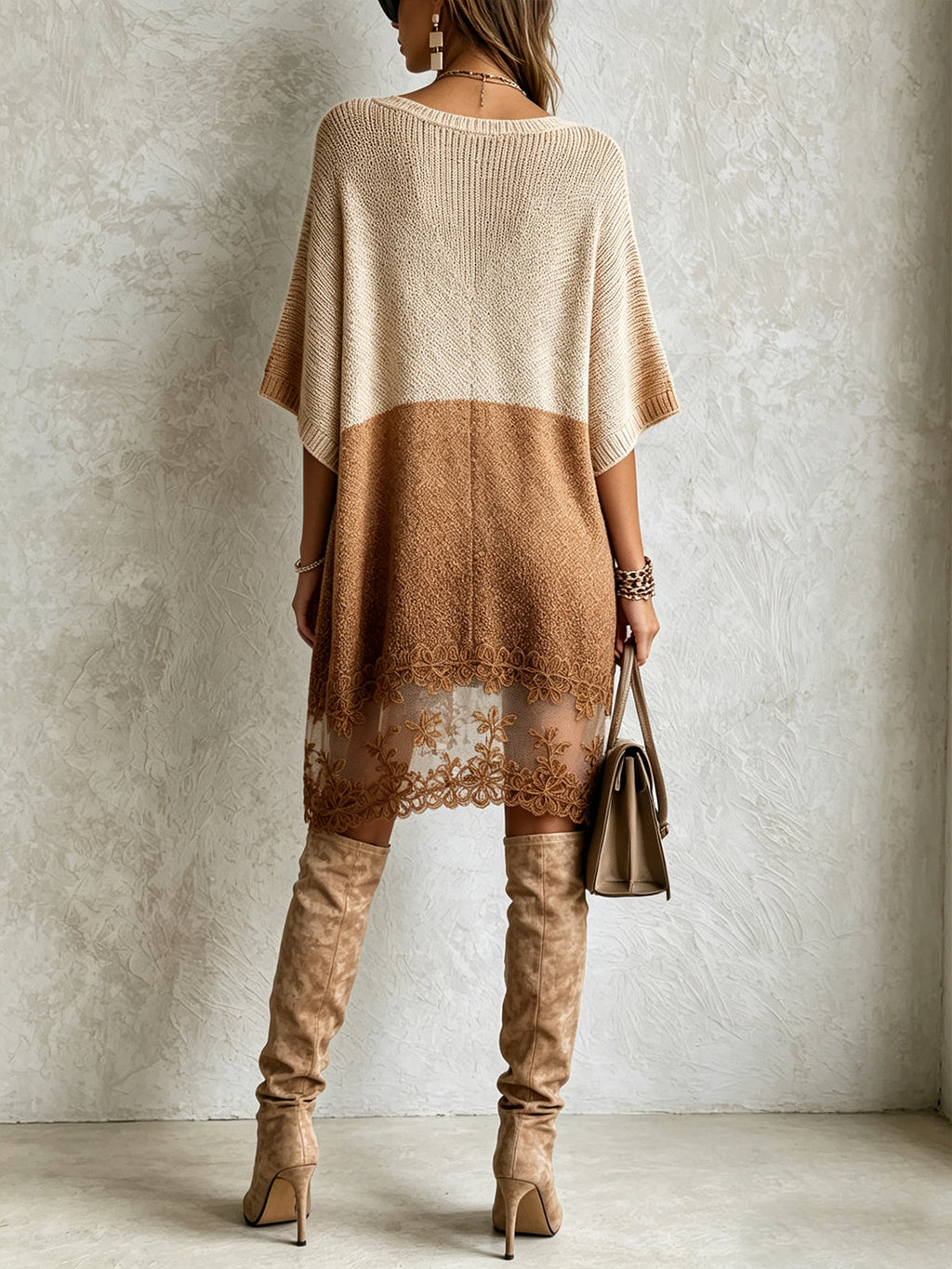 Brown Colorblock Lace Hem Knit Mini Dress