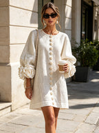 Ivory Bloom Button-Front Mini Dress With Statement Floral Cuffs