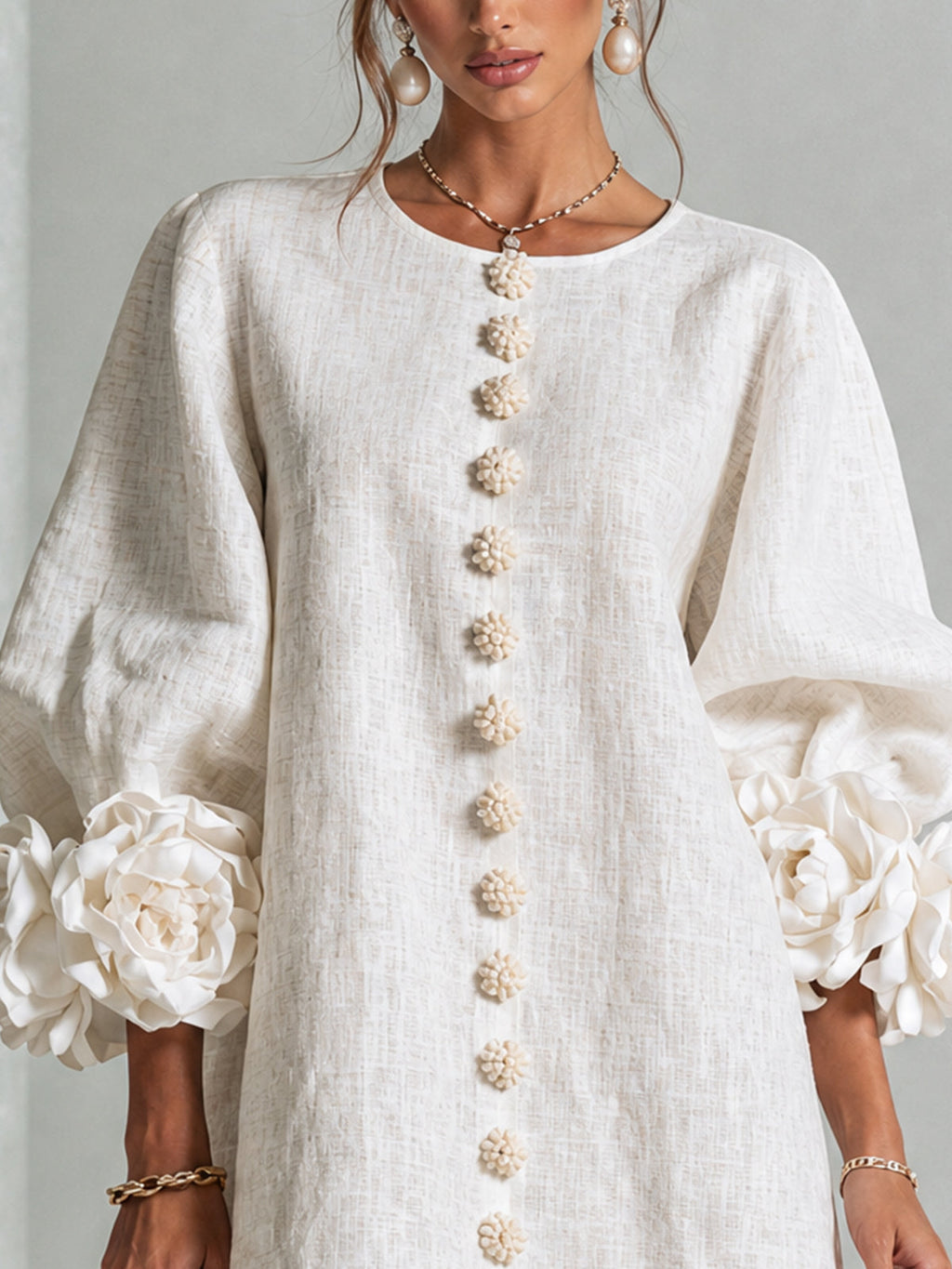 Ivory Bloom Button-Front Mini Dress With Statement Floral Cuffs