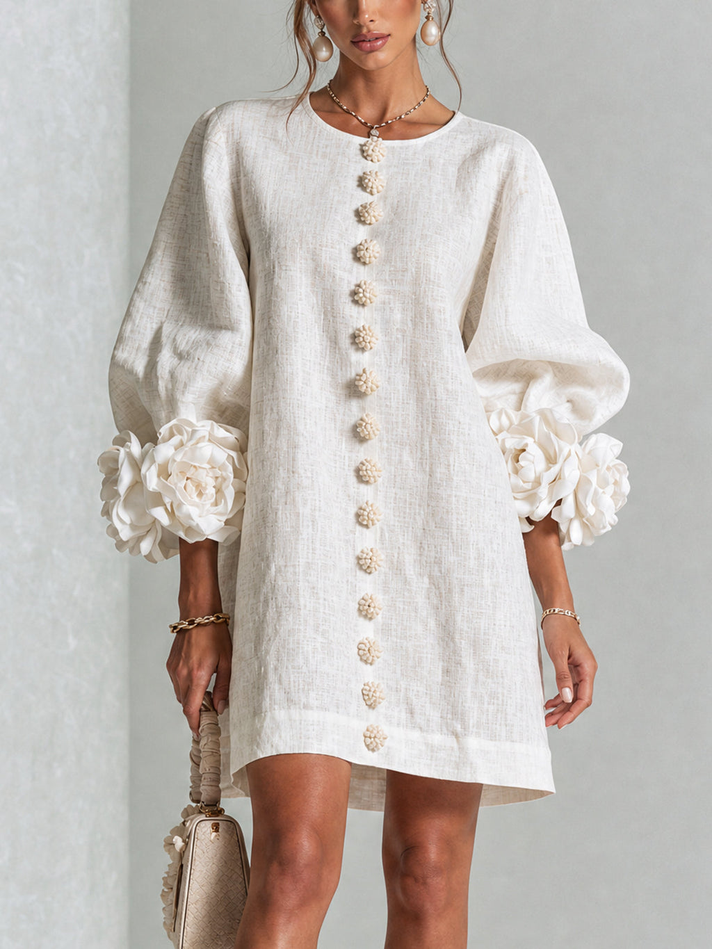 Ivory Bloom Button-Front Mini Dress With Statement Floral Cuffs