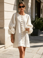Ivory Bloom Button-Front Mini Dress With Statement Floral Cuffs