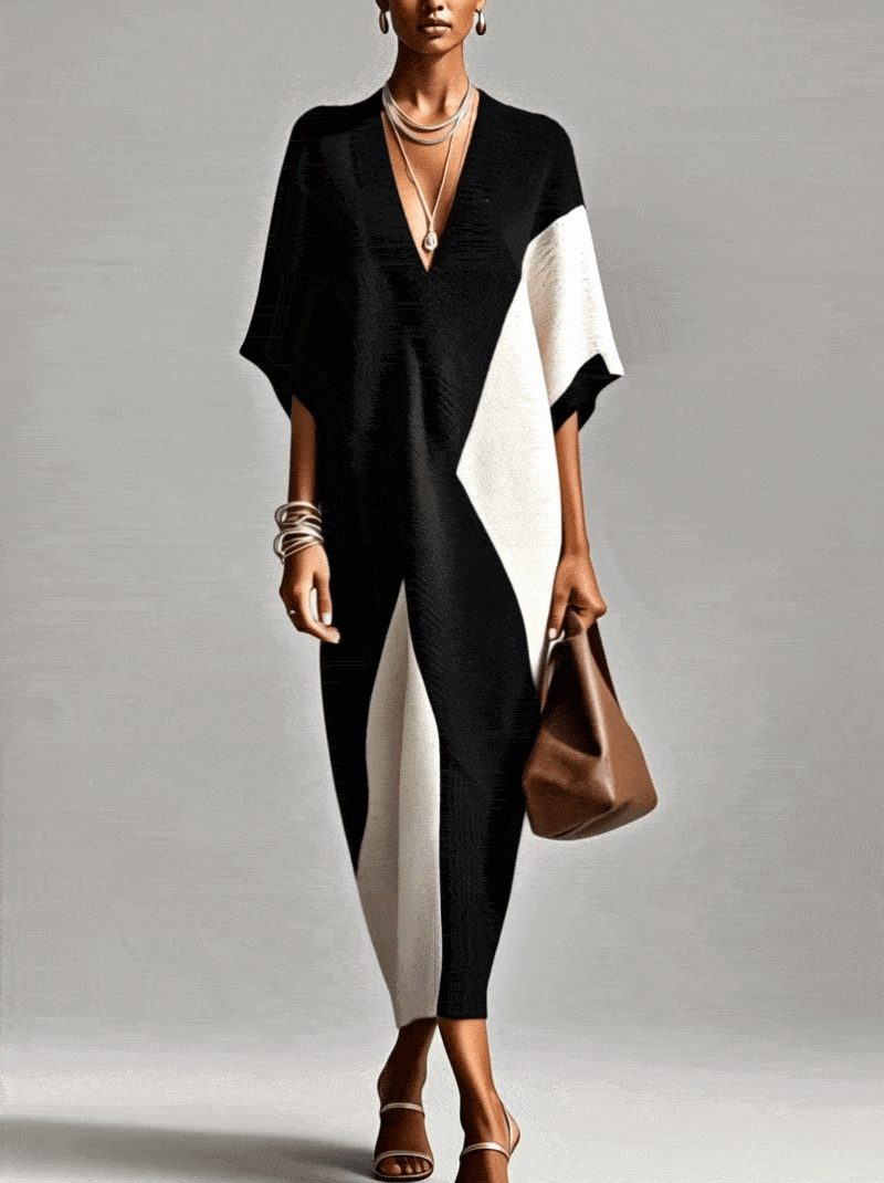 Black And White Textured Colorblock V-Neck Midi Dress