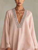 Blush Pink Linen Mini Dress With Rhinestone Trim And Fringe Hem
