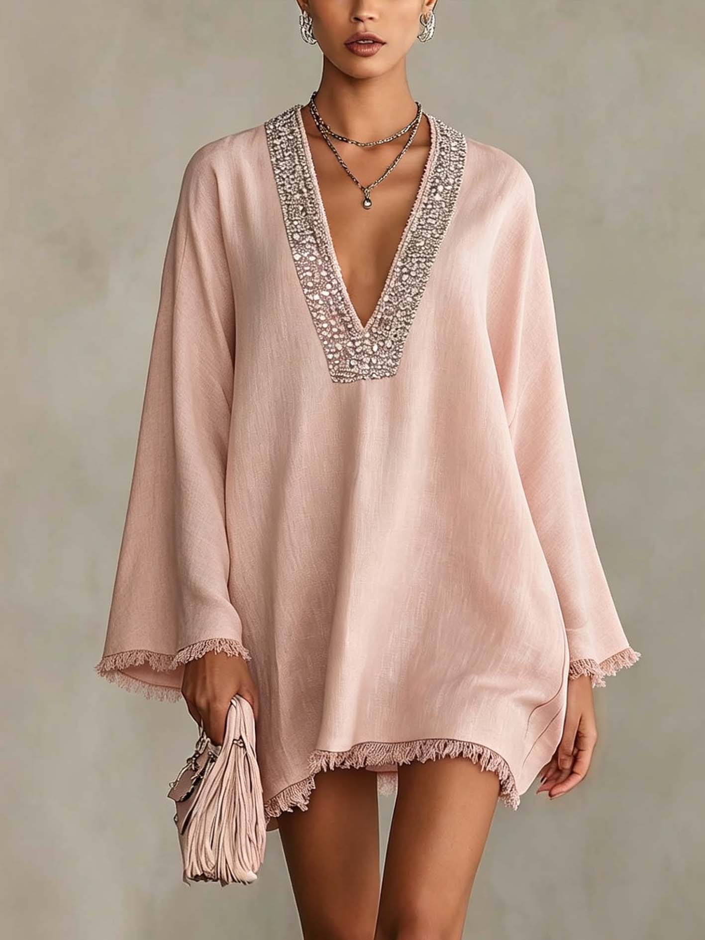 Blush Pink Linen Mini Dress With Rhinestone Trim And Fringe Hem