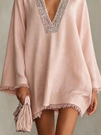 Blush Pink Linen Mini Dress With Rhinestone Trim And Fringe Hem