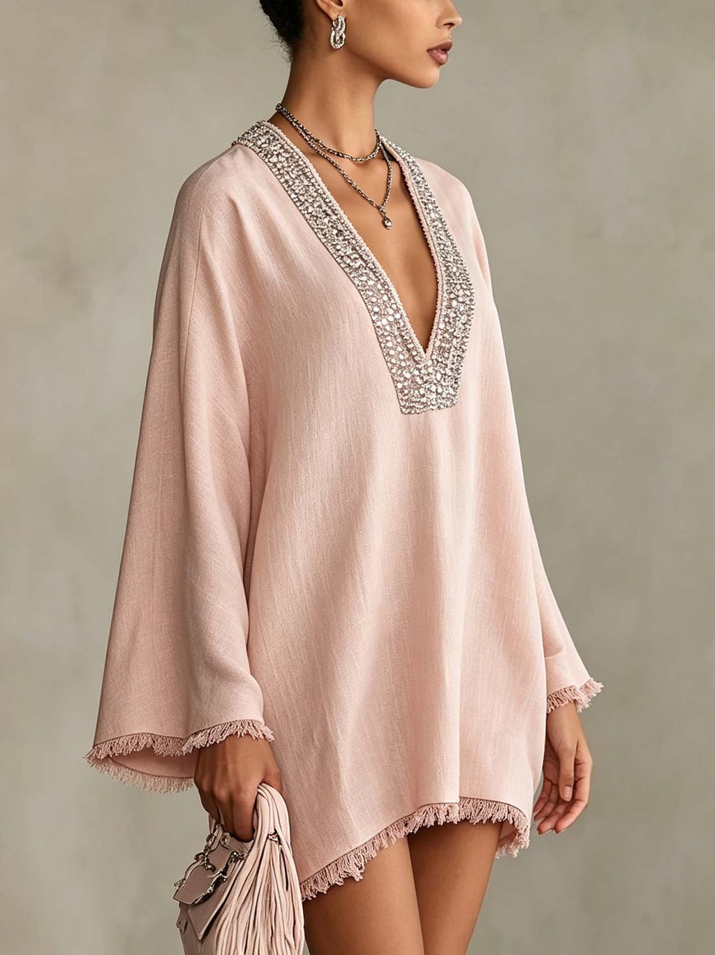 Blush Pink Linen Mini Dress With Rhinestone Trim And Fringe Hem