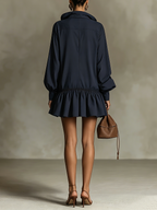 Navy Blue Zip-Front Ruffle Hem Mini Dress