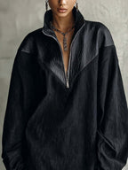 Black PU Patchwork Quarter Zip Mini Dress With Oversized Sleeves