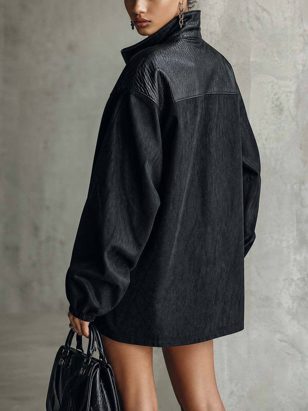 Black PU Patchwork Quarter Zip Mini Dress With Oversized Sleeves