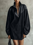 Black PU Patchwork Quarter Zip Mini Dress With Oversized Sleeves