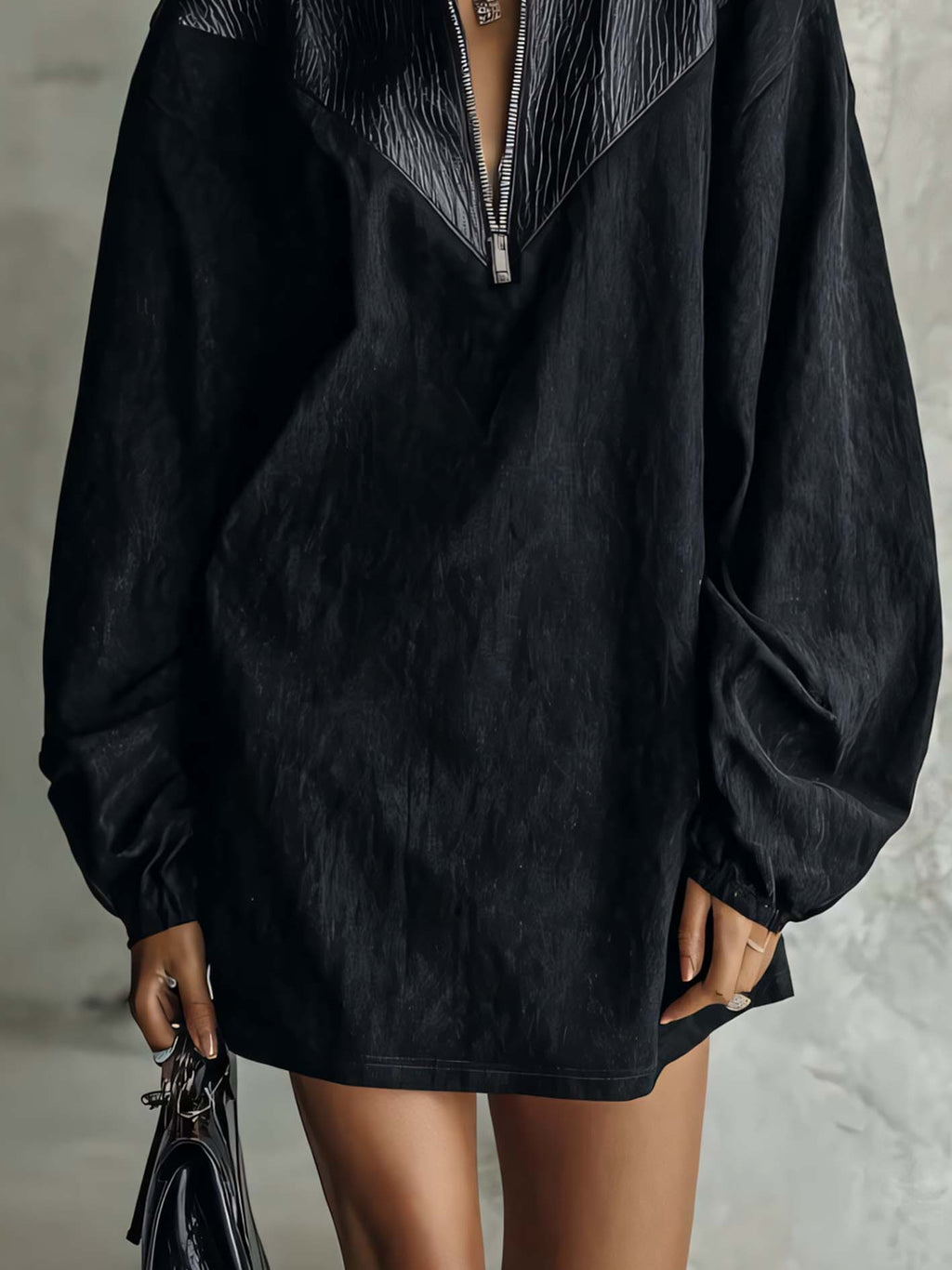 Black PU Patchwork Quarter Zip Mini Dress With Oversized Sleeves