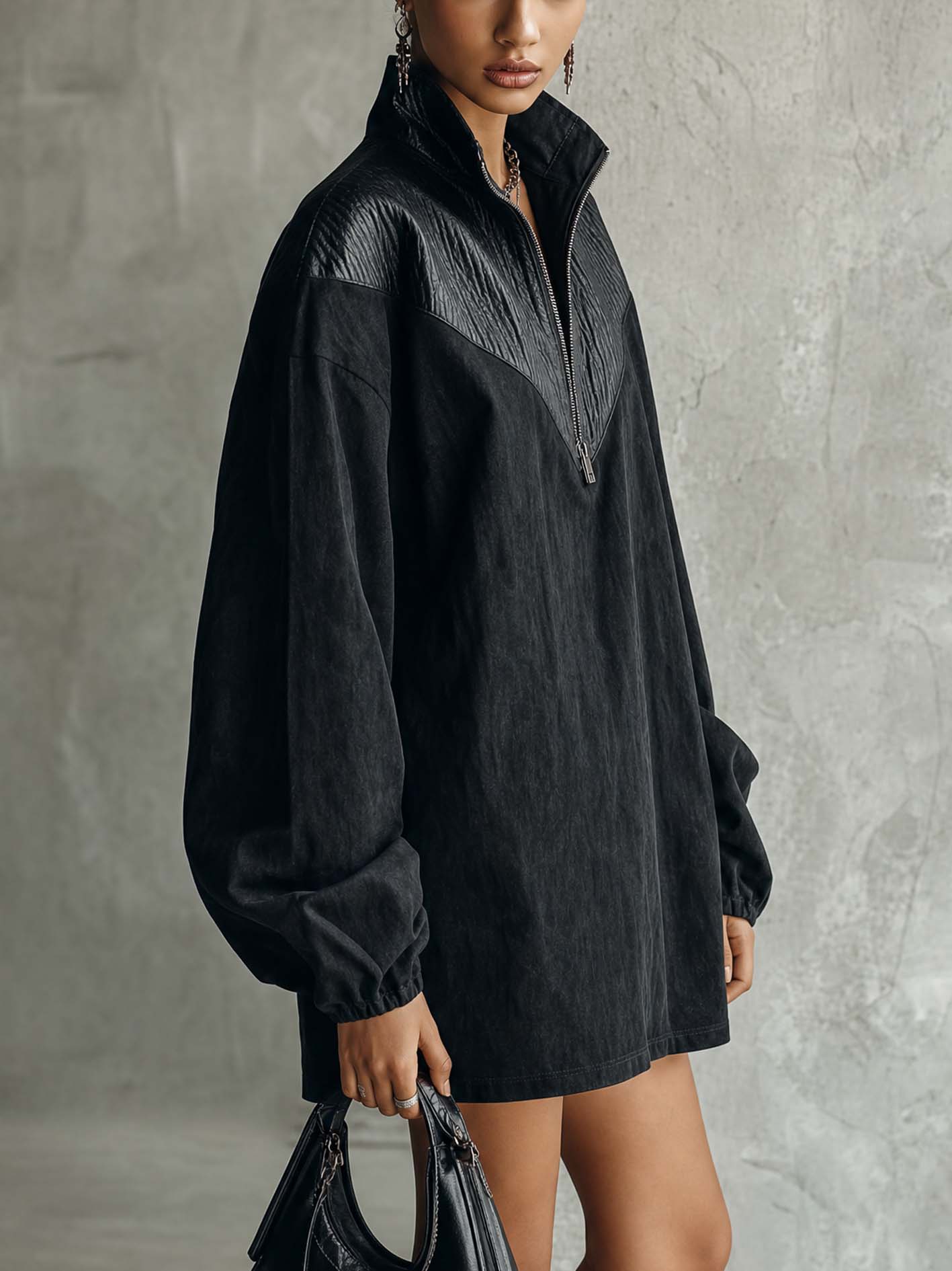Black PU Patchwork Quarter Zip Mini Dress With Oversized Sleeves