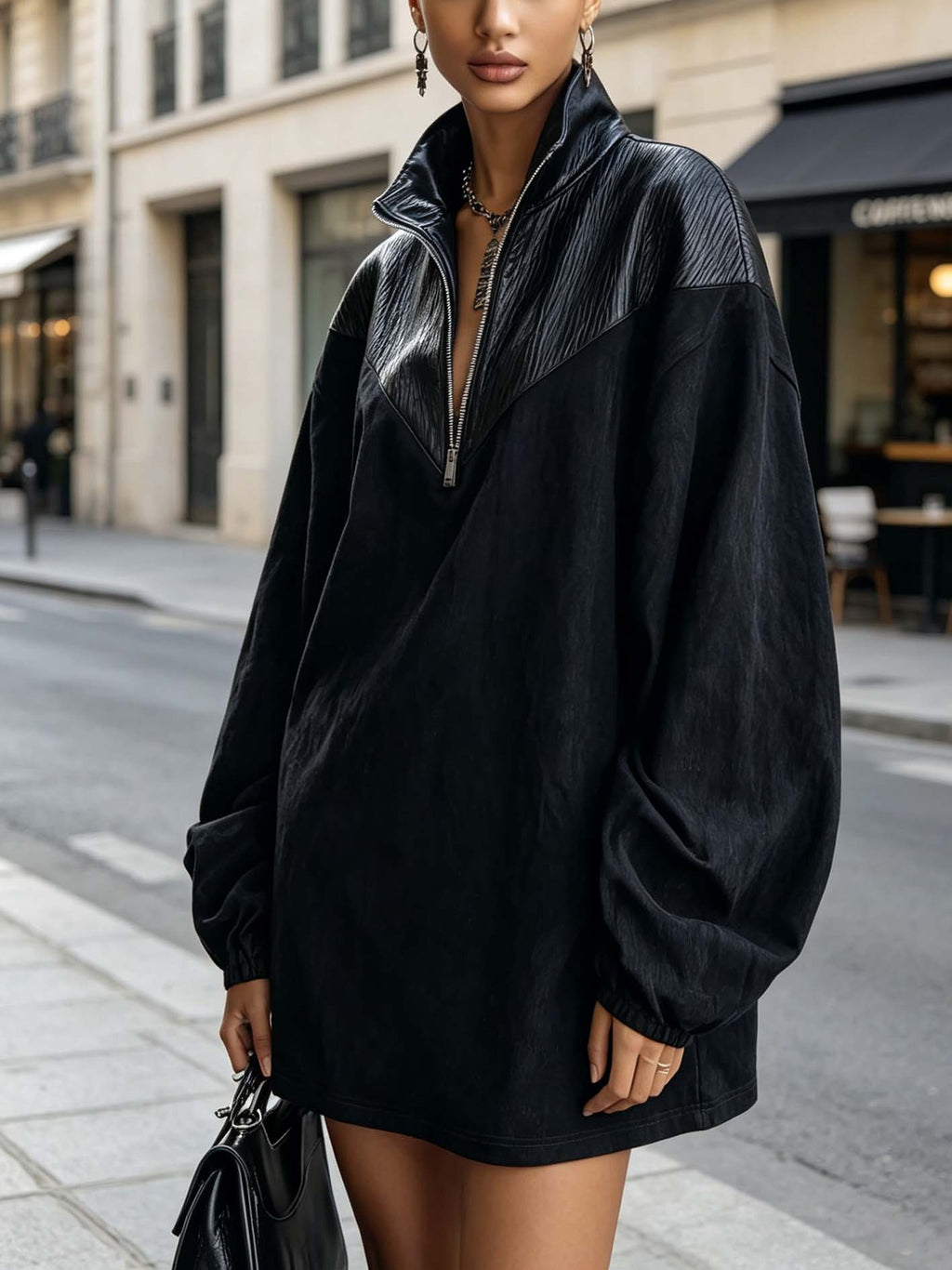 Black PU Patchwork Quarter Zip Mini Dress With Oversized Sleeves