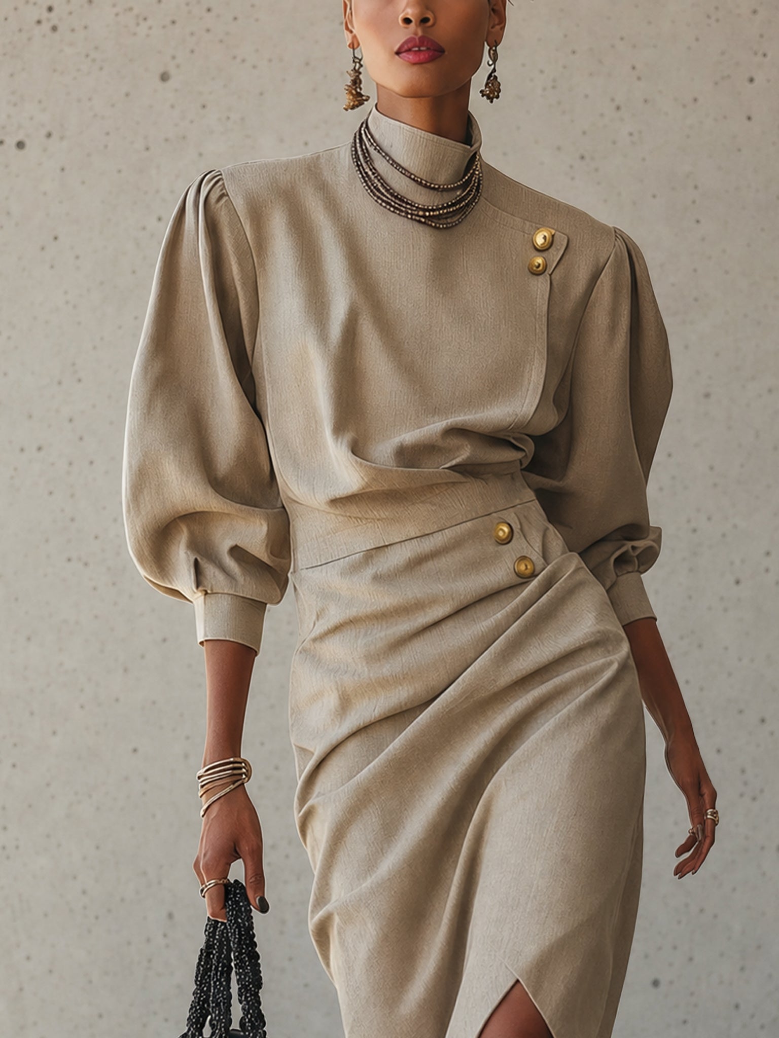 Beige Mid-Sleeve Button Pleated Midi Dress