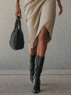 Beige Mid-Sleeve Button Pleated Midi Dress