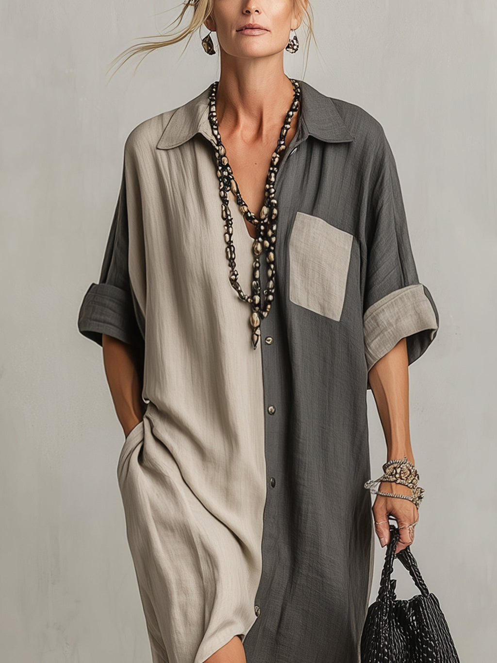 Gray Color Block Linen Short-Sleeve Maxi Dress