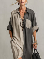 Gray Color Block Linen Short-Sleeve Maxi Dress