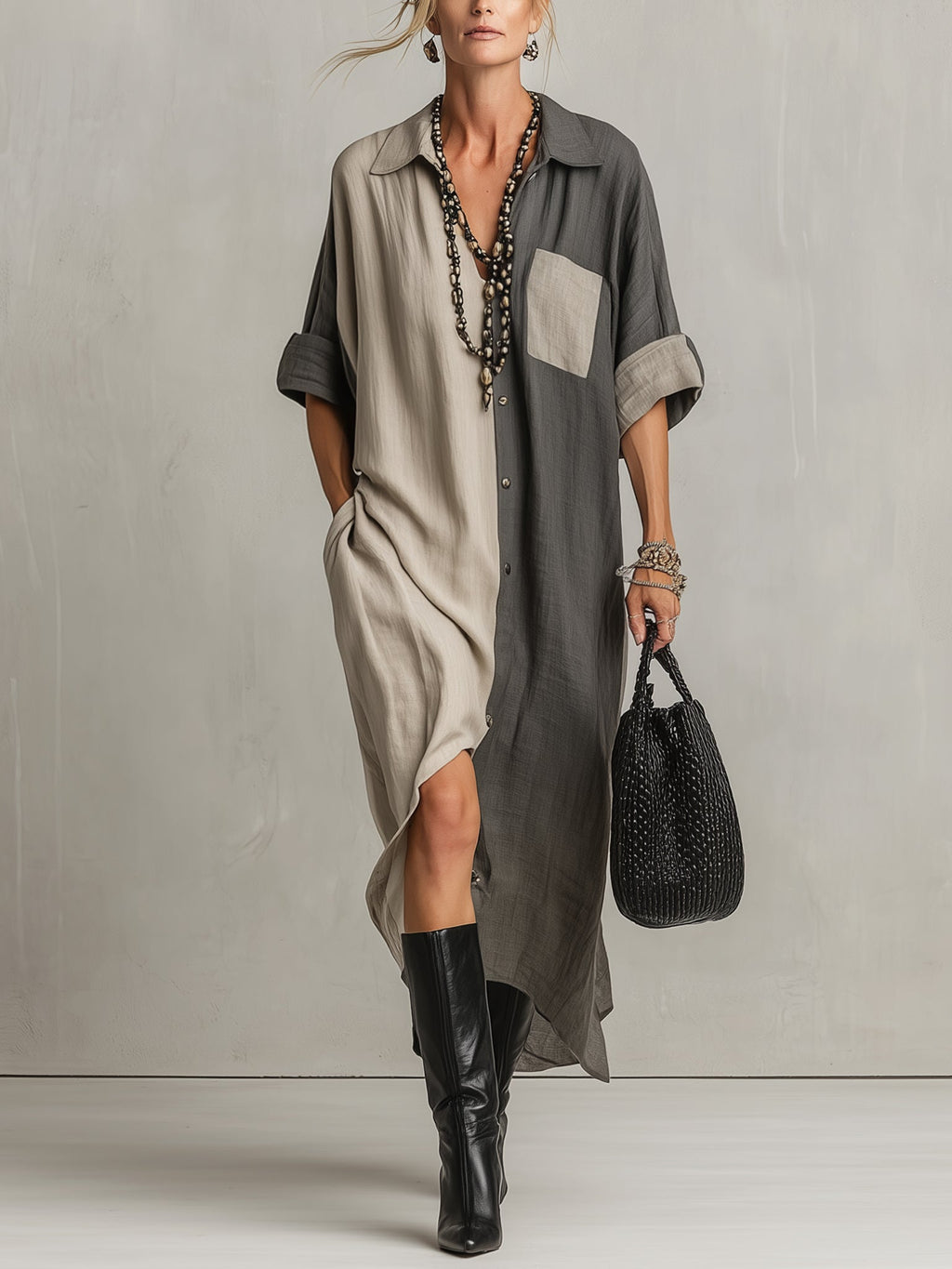 Gray Color Block Linen Short-Sleeve Maxi Dress