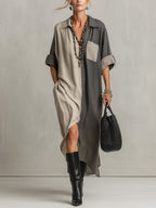 Gray Color Block Linen Short-Sleeve Maxi Dress