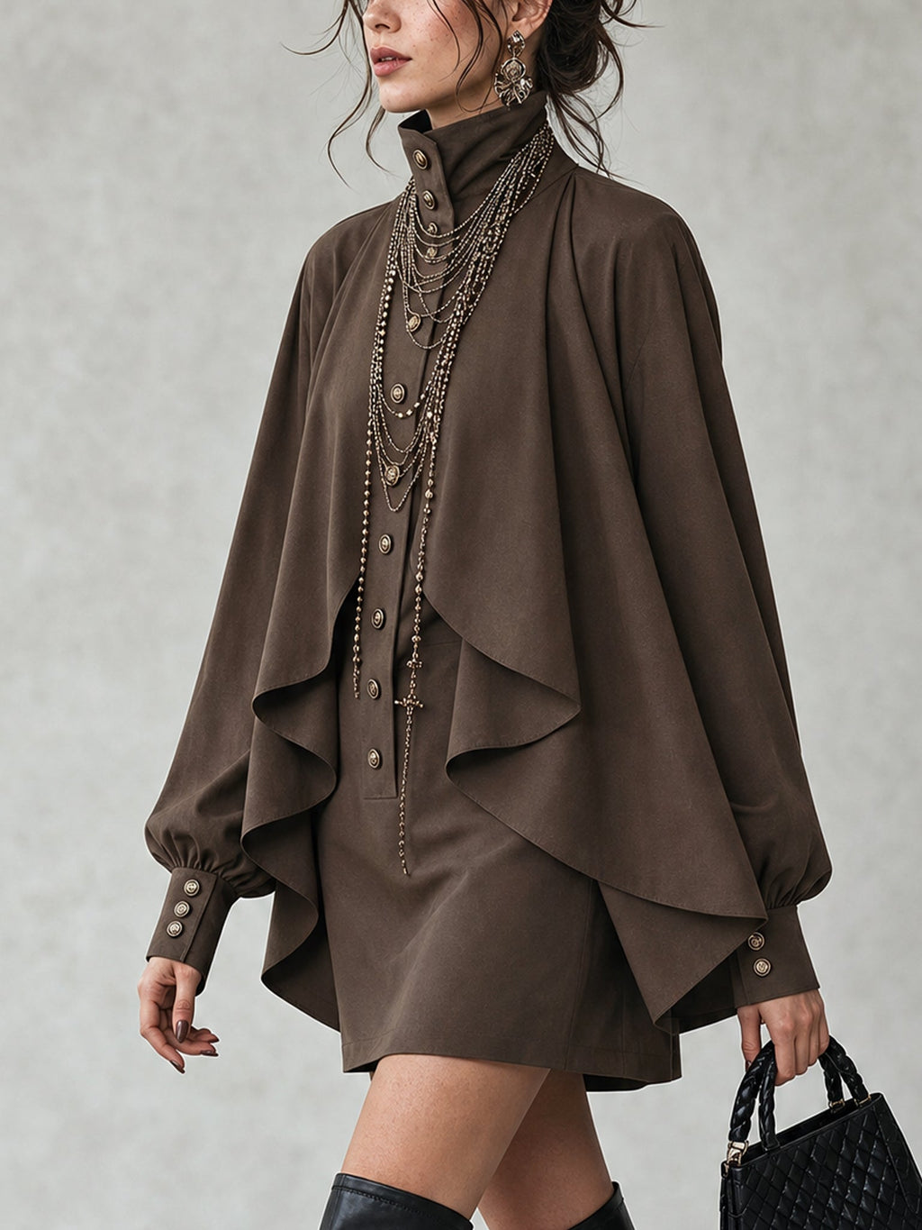 Cocoa Pleated Button Mini Dress