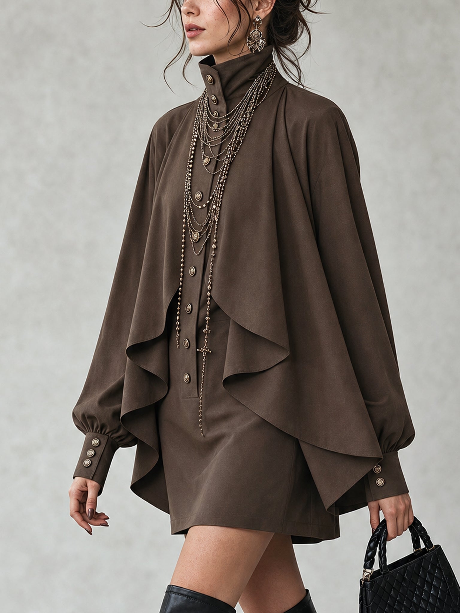 Cocoa Pleated Button Mini Dress
