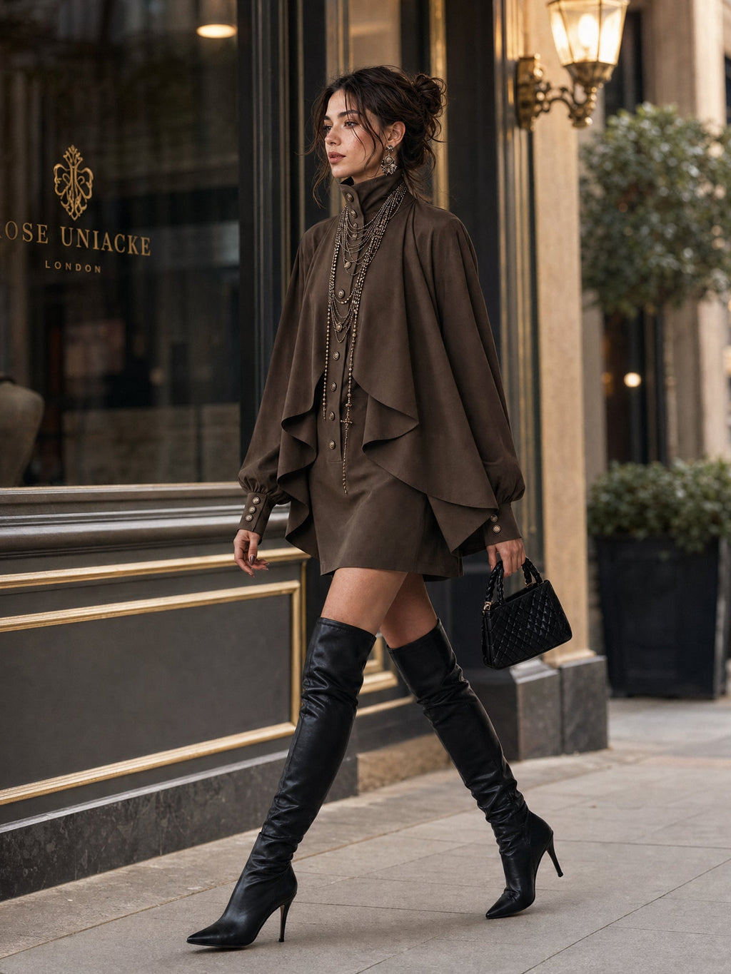 Cocoa Pleated Button Mini Dress