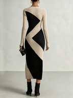Off-White And Black Ribbed Colorblock Midi Dress