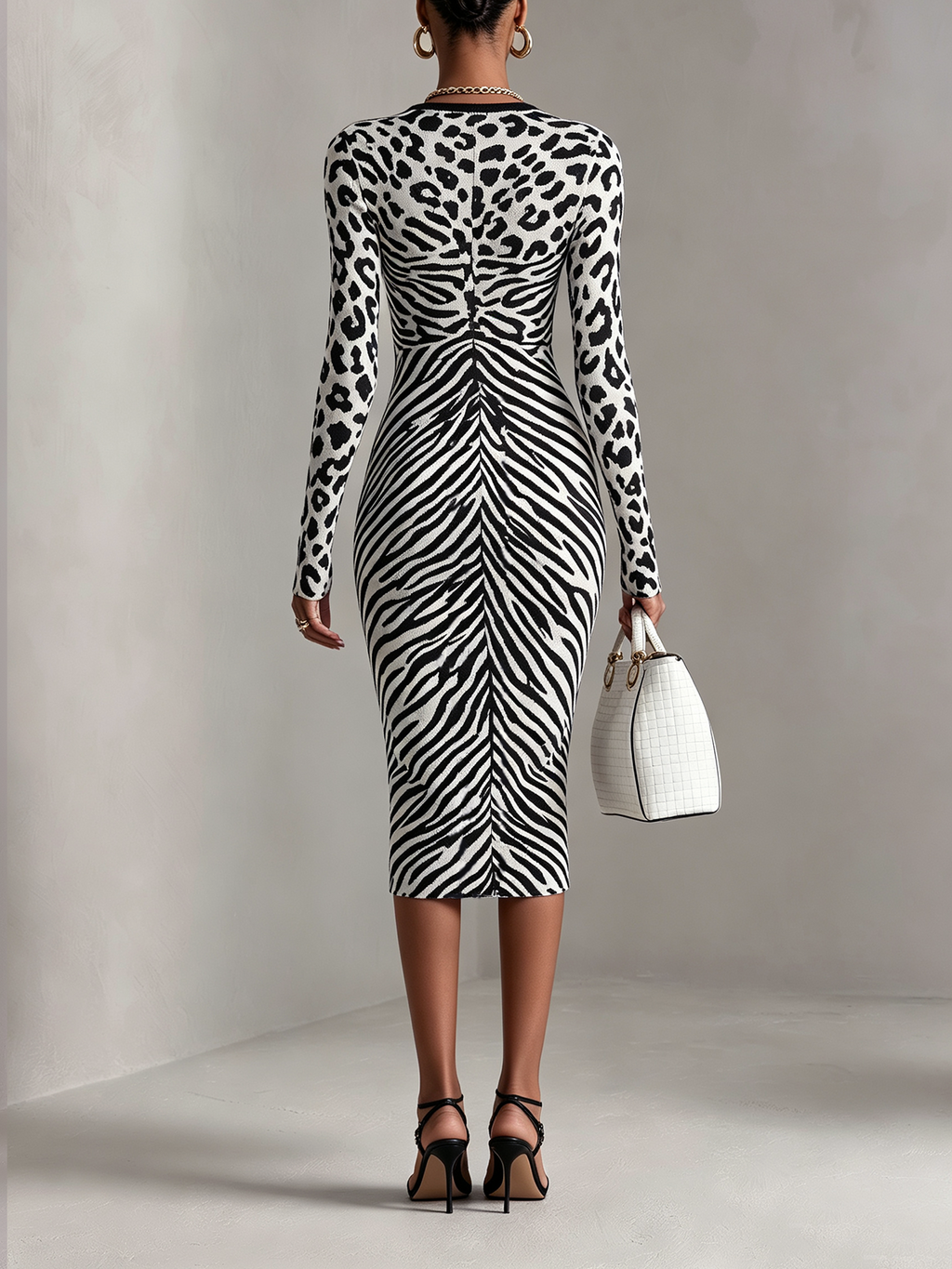 Black And White Mixed Animal Print Zip-Front Midi Dress