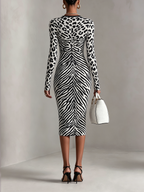 Black And White Mixed Animal Print Zip-Front Midi Dress