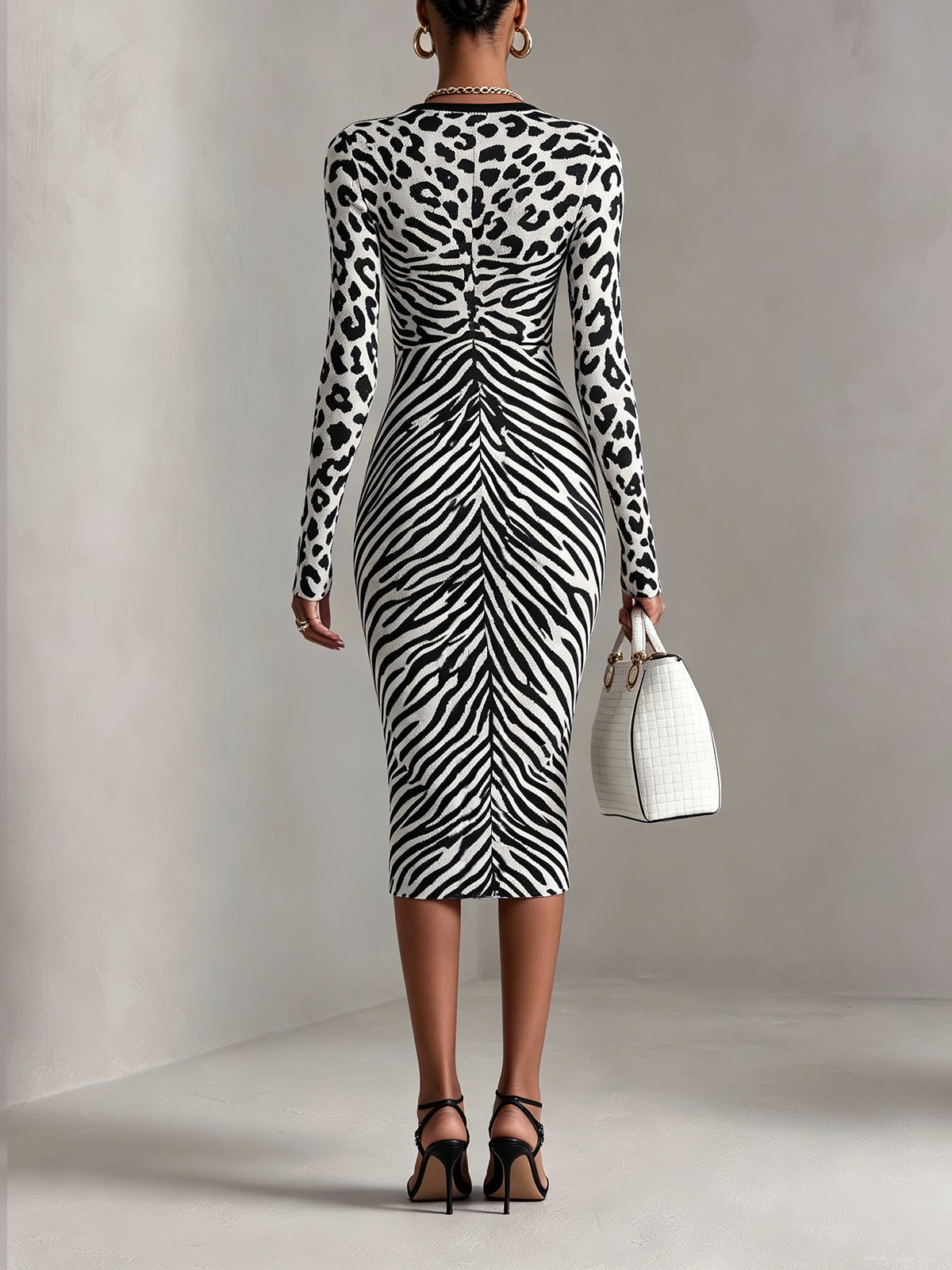 Black And White Mixed Animal Print Zip-Front Midi Dress