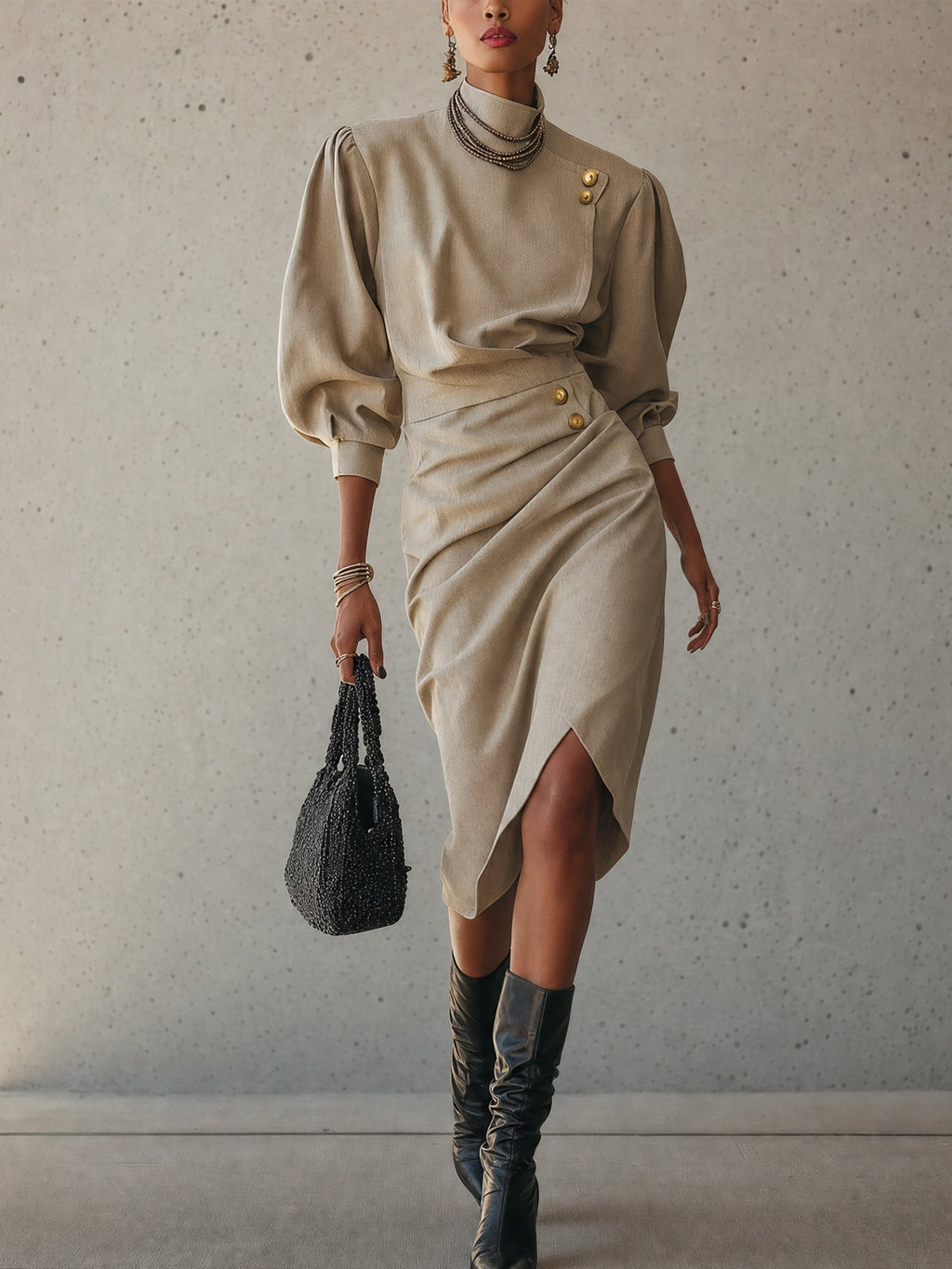 Beige Mid-Sleeve Button Pleated Midi Dress