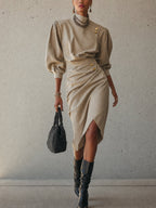 Beige Mid-Sleeve Button Pleated Midi Dress