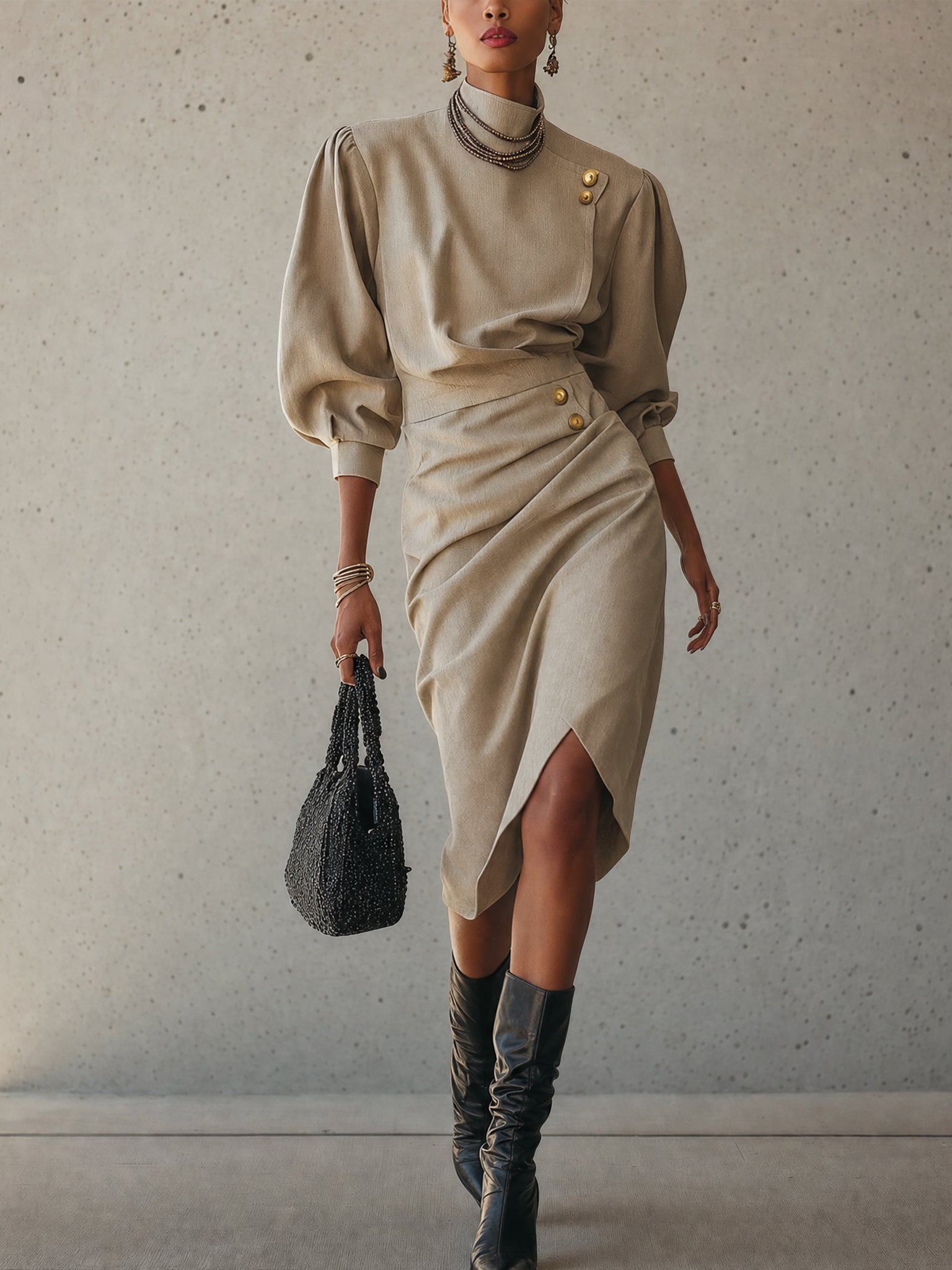 Beige Mid-Sleeve Button Pleated Midi Dress