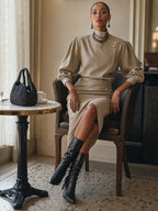 Beige Mid-Sleeve Button Pleated Midi Dress
