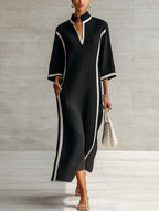 Contrast Trim V-Neck Stand Collar Maxi Dress with Three-Quarter Sleeves