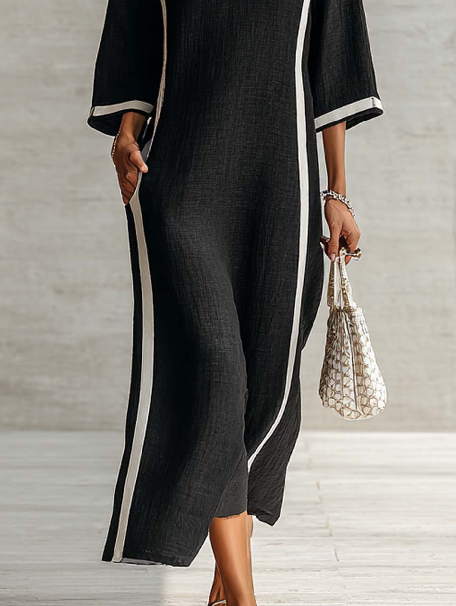 Contrast Trim V-Neck Stand Collar Maxi Dress with Three-Quarter Sleeves