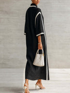 Contrast Trim V-Neck Stand Collar Maxi Dress with Three-Quarter Sleeves