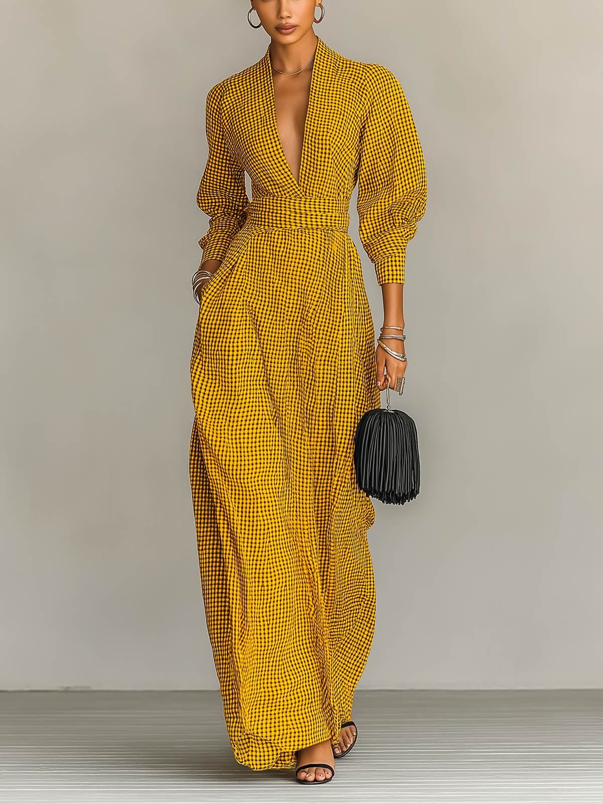 Yellow Gingham Deep V-Neck Maxi Dress