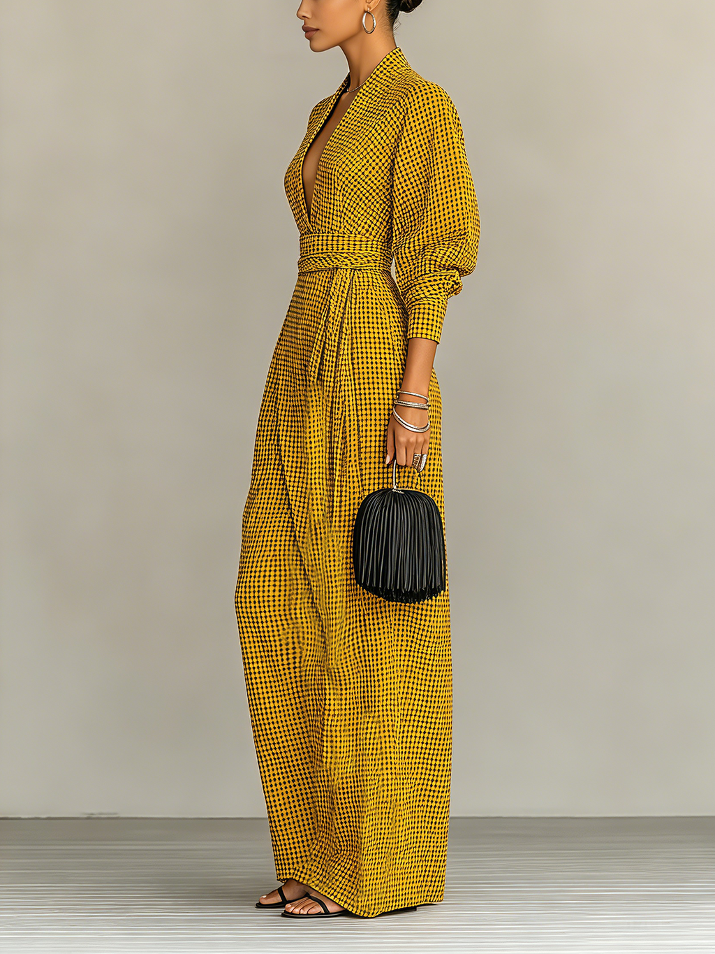 Yellow Gingham Deep V-Neck Maxi Dress