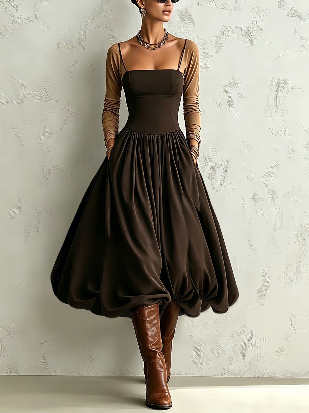 Chocolate Brown Square Neck Balloon Hem Midi Dress