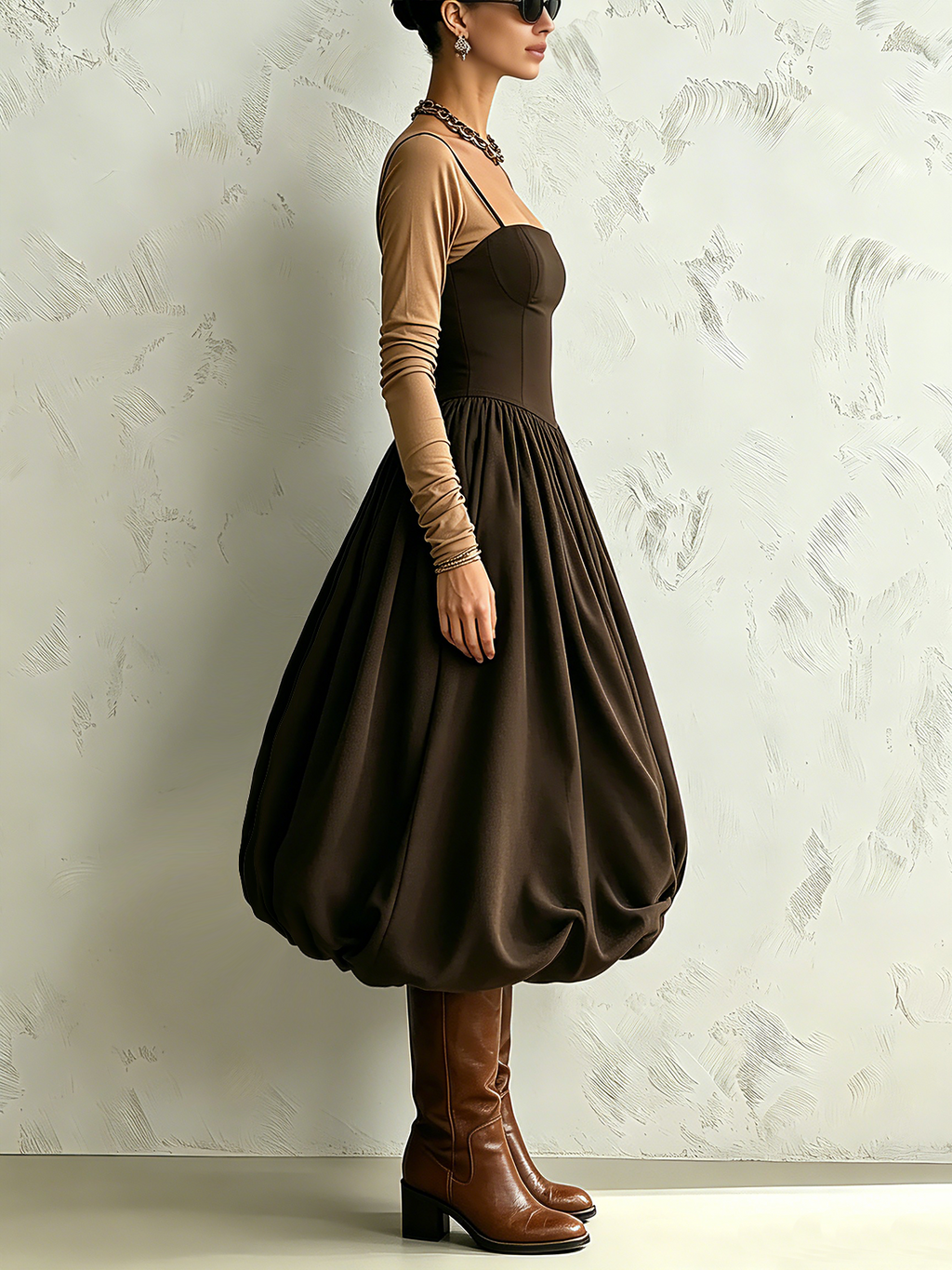 Chocolate Brown Square Neck Balloon Hem Midi Dress