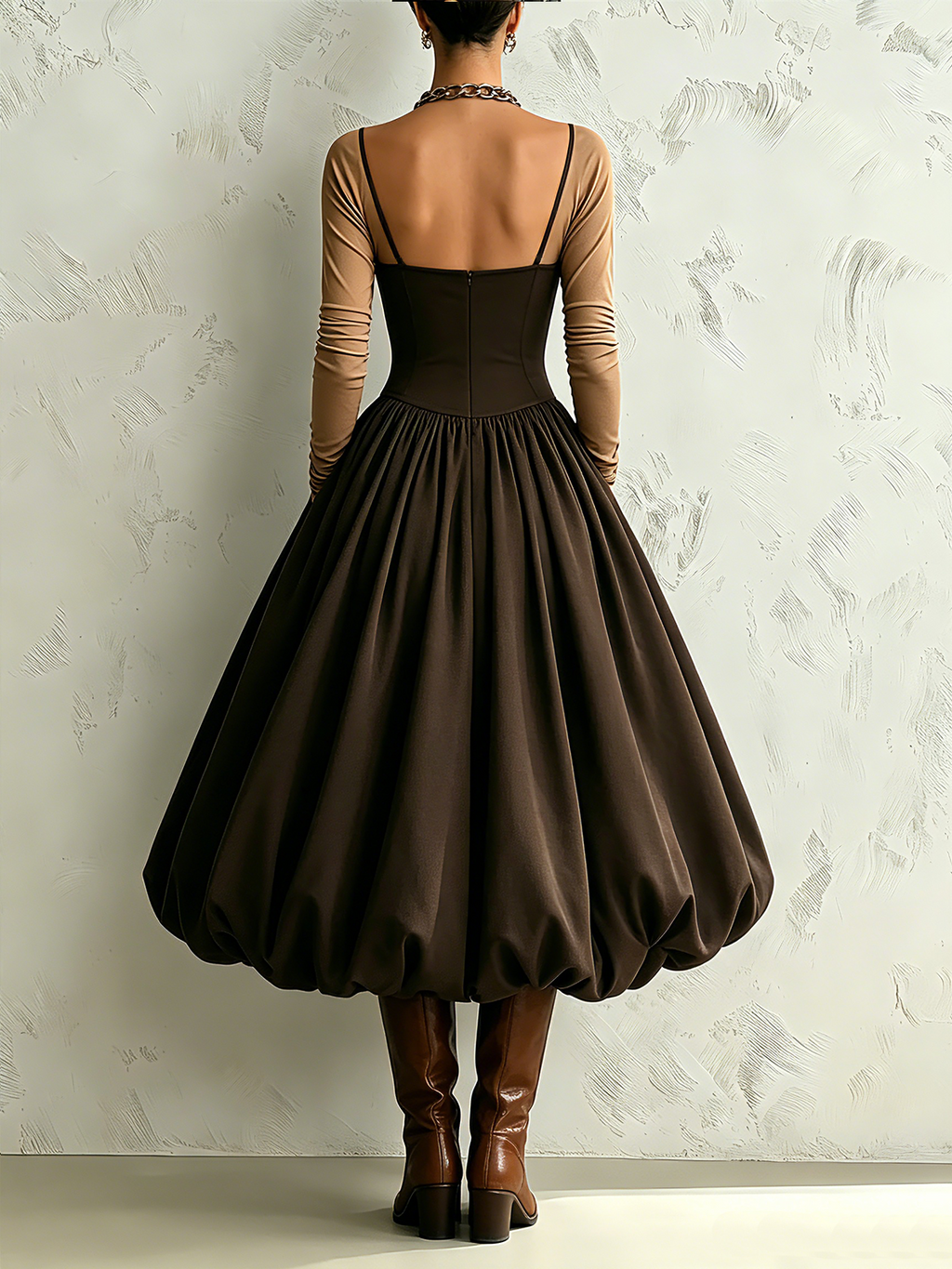 Chocolate Brown Square Neck Balloon Hem Midi Dress