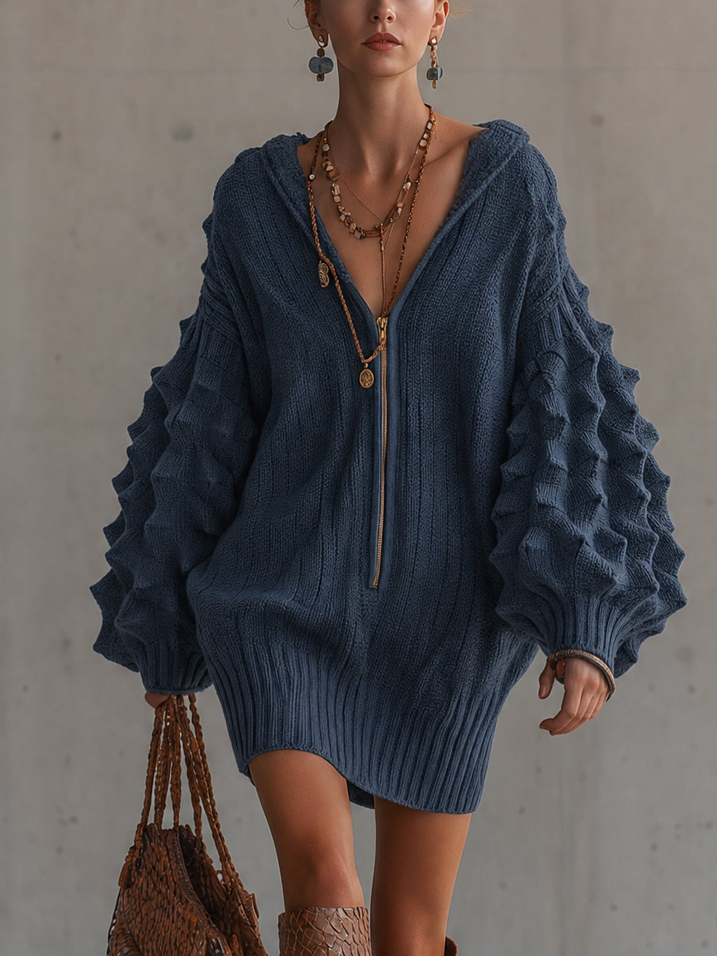 Blue Textured Half Zip Knit Mini Dress