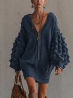 Blue Textured Half Zip Knit Mini Dress