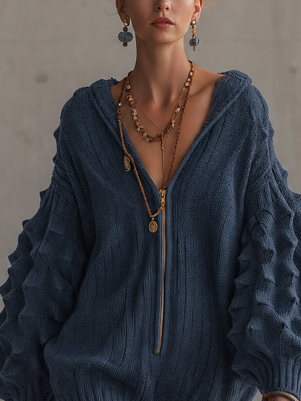 Blue Textured Half Zip Knit Mini Dress