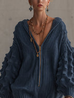 Blue Textured Half Zip Knit Mini Dress
