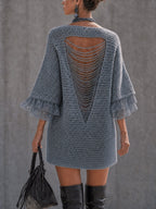 Blue Open Back Knit Lace Trim Mini Dress